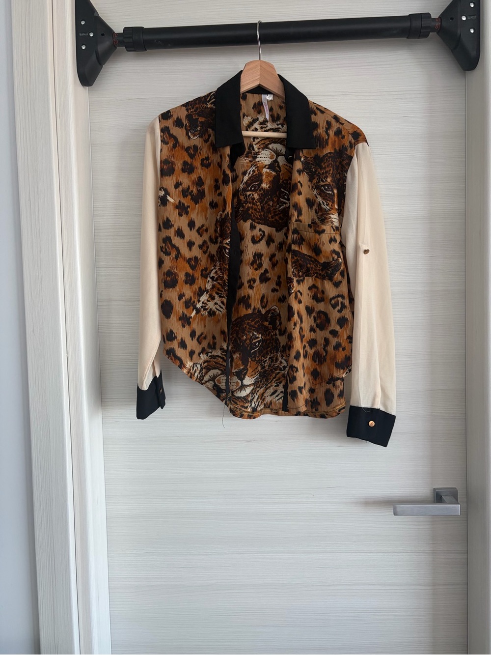 Leopard Print Button-Up Blouse Jacket with Cream Sleeves